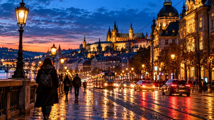 Vibrant city street at blue hour with glowing lights, captured as a dynamic video highlight frame.