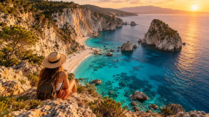 Cinematic aerial view of a sunlit coastline and turquoise water, framed like a travel video still.