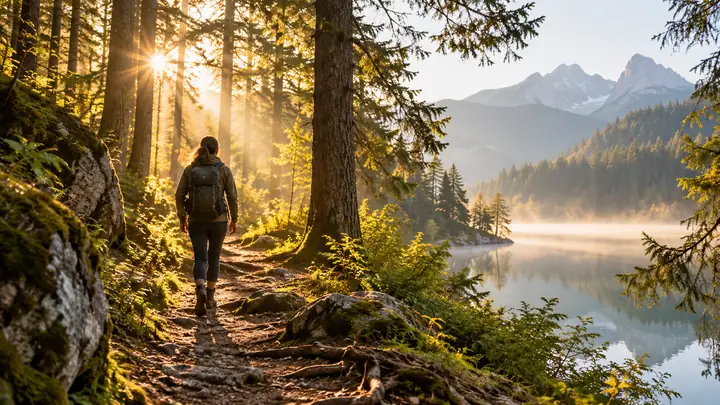 Quiet forest path in golden morning light, framed as a serene nature video still.