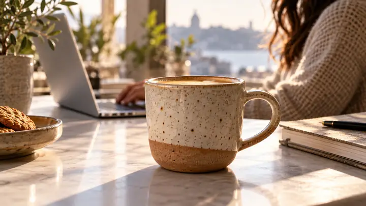 Close-up of a handmade ceramic coffee cup on a bright table, composed as a polished product video still.